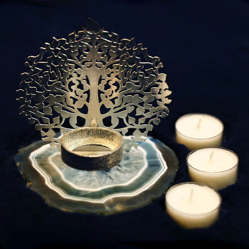 Kalpavriksha T-Lite Candle Holder With Blue Natural Agate Stone